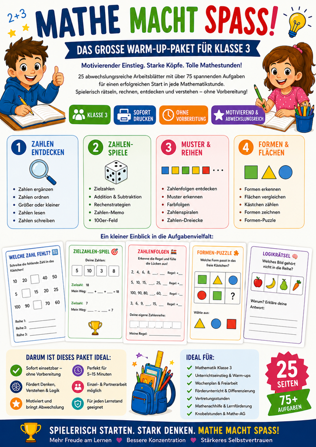 Produktvorschau eines Mathematik-Warm-up-Pakets für Klasse 3 mit 25 Arbeitsblättern zu Zahlen, Rechenstrategien, Mustern, Geometrie, Formen und logischen Denkaufgaben.