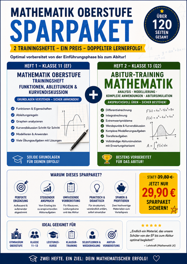 Sparpaket Mathematik Oberstufe mit zwei Trainingsheften zu Analysis, Funktionen, Ableitungen, Integralrechnung, Kurvendiskussion und Abiturvorbereitung
