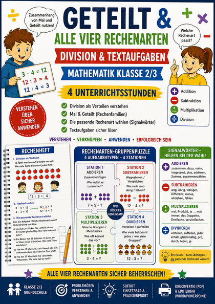 Geteilt & alle vier Rechenarten – Division & Textaufgaben | Mathematik Klasse 2/3