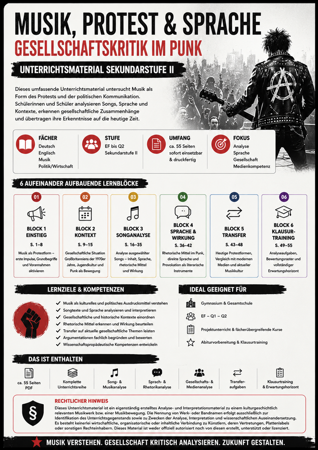Unterrichtsmaterial für die Oberstufe zu Musik als Protestform mit Songanalyse, Sprachanalyse, Medienkompetenz, Gesellschaftskritik, Jugendkultur und politischer Kommunikation.