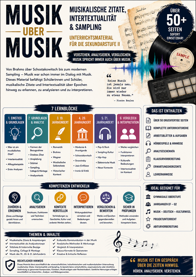 Unterrichtsmaterial für die Oberstufe zu musikalischen Zitaten, Intertextualität, Sampling, Musikgeschichte, Kulturwissenschaft und Musikanalyse.