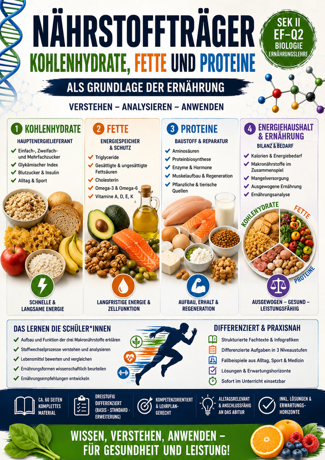 Nährstoffträger Unterrichtsmaterial Biologie Ernährungslehre Sek II Kohlenhydrate Fette Proteine Makronährstoffe Ernährung Energiehaushalt Infografik Oberstufe