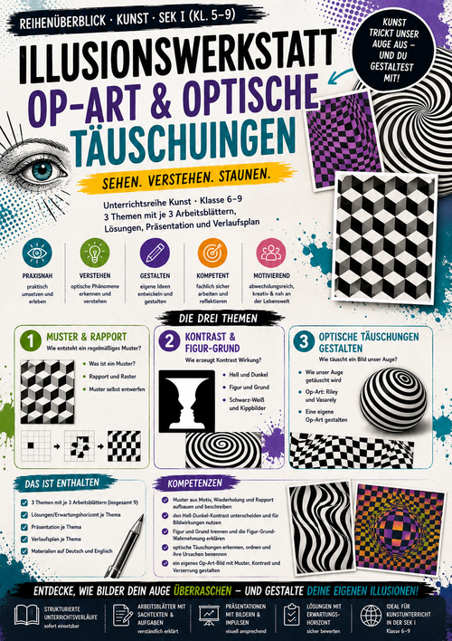Illusionswerkstatt: Op-Art & optische Täuschungen – Muster, Kontrast & Illusion | Kunst Sek I (Kl. 6–9)