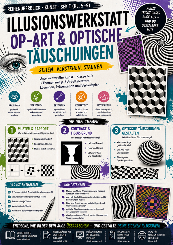 Illusionswerkstatt: Op-Art & optische Täuschungen – Muster, Kontrast & Illusion | Kunst Sek I (Kl. 6–9)