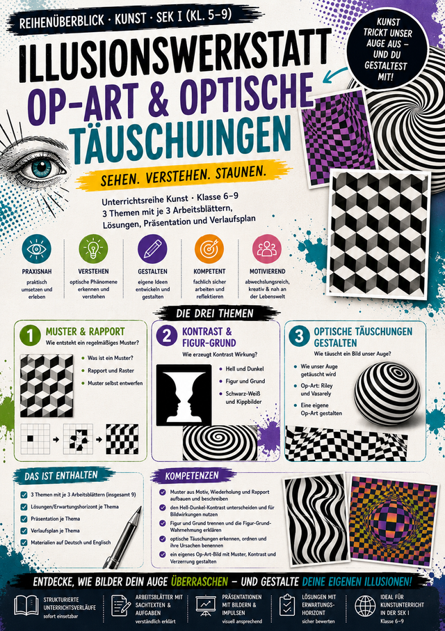 Illusionswerkstatt: Op-Art & optische Täuschungen – Muster, Kontrast & Illusion | Kunst Sek I (Kl. 6–9)
