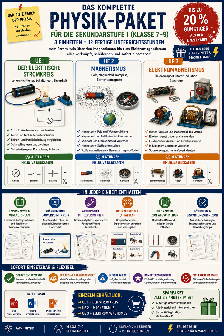 Sparpaket Physik: Elektrizität & Magnetismus | 3 Einheiten · 12 Stunden (Klasse 7–9)