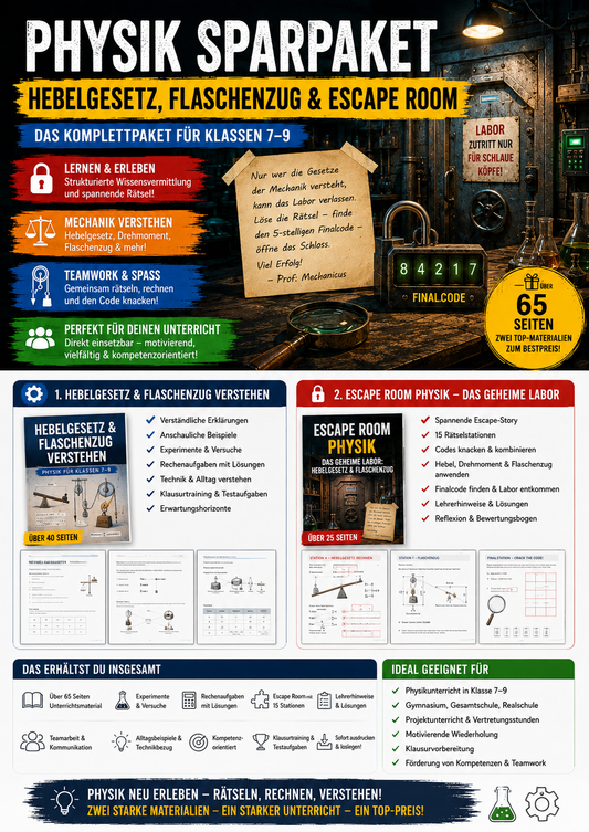 Produktbild eines Physik-Sparpakets für Klasse 7 bis 9 mit Unterrichtsreihe und Escape Room zu Hebelgesetz, Flaschenzug, Drehmoment, Experimenten, Mechanik und über 65 Seiten Unterrichtsmaterial.