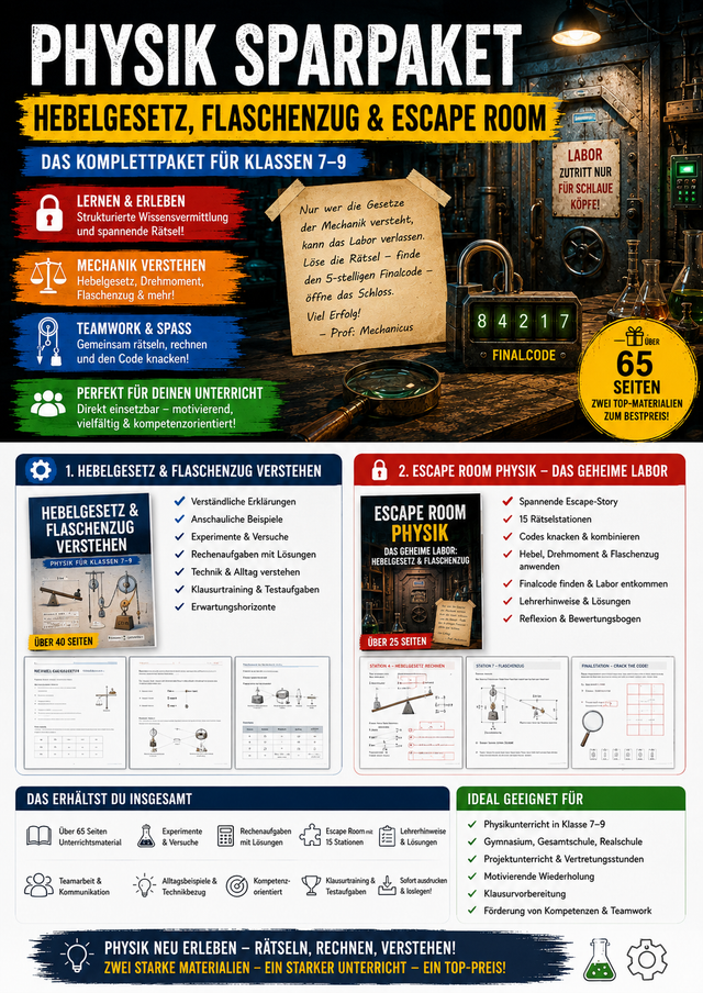 Produktbild eines Physik-Sparpakets für Klasse 7 bis 9 mit Unterrichtsreihe und Escape Room zu Hebelgesetz, Flaschenzug, Drehmoment, Experimenten, Mechanik und über 65 Seiten Unterrichtsmaterial.