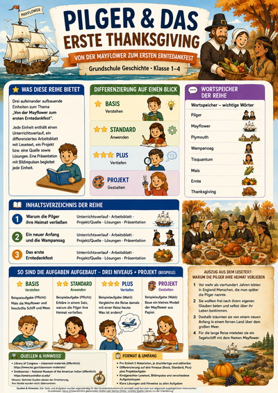 Pilger & das erste Thanksgiving – Unterrichtsmaterial Grundschule (Klasse 1–4)