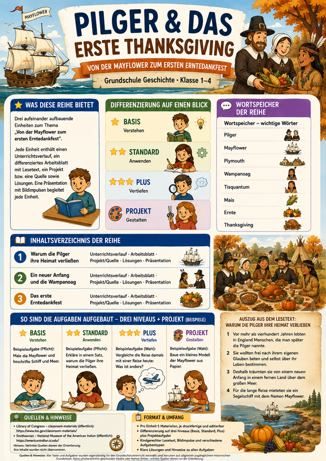 Pilger & das erste Thanksgiving – Unterrichtsmaterial Grundschule (Klasse 1–4)