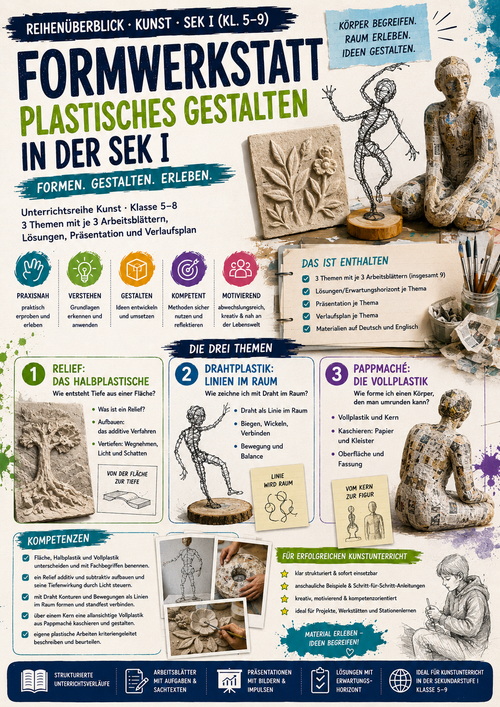 Formwerkstatt: Plastisches Gestalten – Relief, Drahtplastik & Pappmaché | Kunst Sek I (Kl. 5–8)