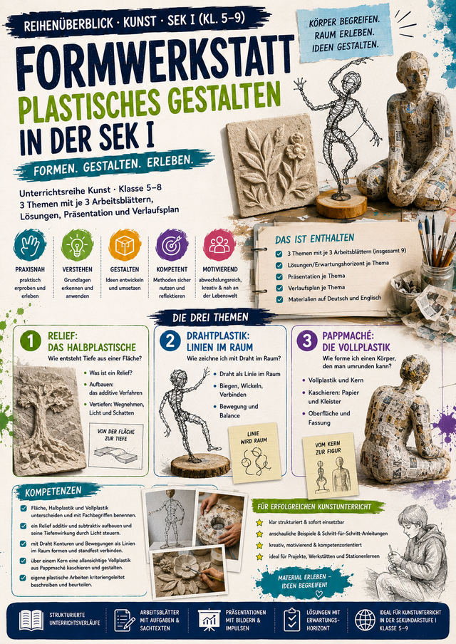 Formwerkstatt: Plastisches Gestalten – Relief, Drahtplastik & Pappmaché | Kunst Sek I (Kl. 5–8)