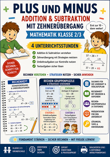 Plus und Minus – Addition & Subtraktion mit Zehnerübergang | Mathematik Klasse 2/3