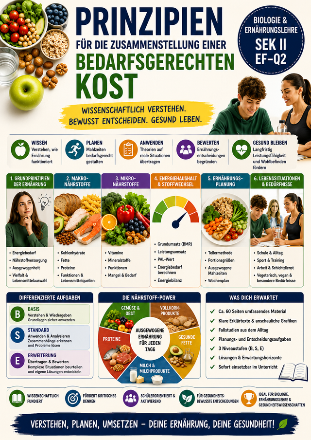 Prinzipien bedarfsgerechte Kost Unterrichtsmaterial Biologie Ernährungslehre Sek II ausgewogene Ernährung Makronährstoffe Mikronährstoffe Energiehaushalt Tellermethode Ernährung Oberstufe Infografik