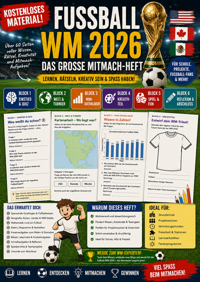 Kostenlos: Fußball WM 2026 – Das große Mitmach-Heft | 60 Seiten Fußballspaß