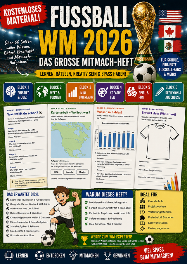 Kostenloses Mitmach-Heft zur Fußball WM 2026 mit über 60 Seiten. Quiz, Rätsel, Mathematik, Geografie und Kreativaufgaben für die Grundschule.