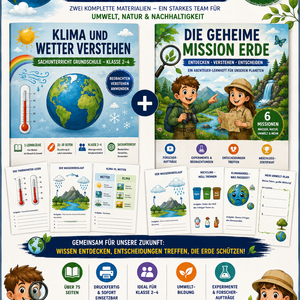 Produktbild eines Sachunterricht-Sparpakets für die Grundschule mit zwei Unterrichtsmaterialien zu Wetter, Klima, Wasserkreislauf, Umwelt, Natur, Nachhaltigkeit, Recycling, Energie und Abenteuer-Lernheft mit über 75 Seiten Unterrichtsmaterial für Klasse 2 bis 4.