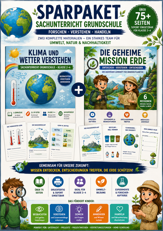 Produktbild eines Sachunterricht-Sparpakets für die Grundschule mit zwei Unterrichtsmaterialien zu Wetter, Klima, Wasserkreislauf, Umwelt, Natur, Nachhaltigkeit, Recycling, Energie und Abenteuer-Lernheft mit über 75 Seiten Unterrichtsmaterial für Klasse 2 bis 4.