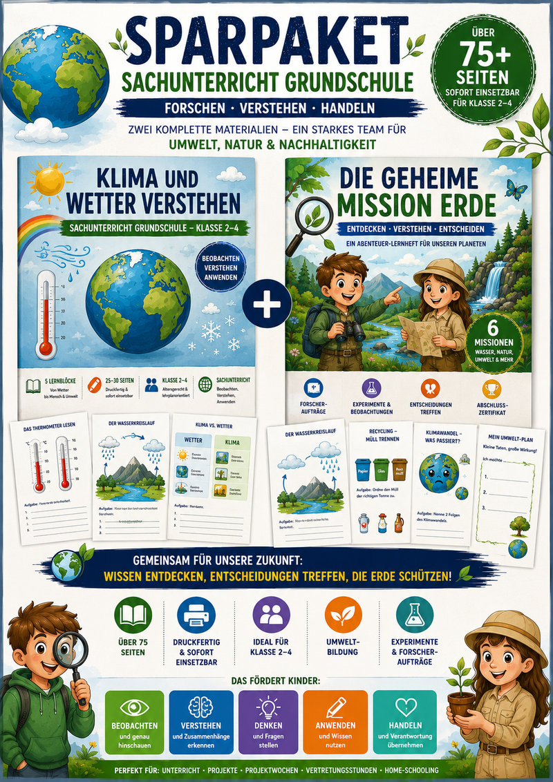 Produktbild eines Sachunterricht-Sparpakets für die Grundschule mit zwei Unterrichtsmaterialien zu Wetter, Klima, Wasserkreislauf, Umwelt, Natur, Nachhaltigkeit, Recycling, Energie und Abenteuer-Lernheft mit über 75 Seiten Unterrichtsmaterial für Klasse 2 bis 4.