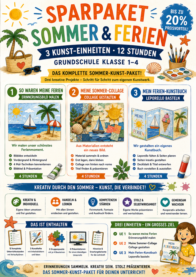 Sparpaket Sommer & Ferien: 3 Kunst-Einheiten · 12 Stunden | Grundschule Klasse 1–4