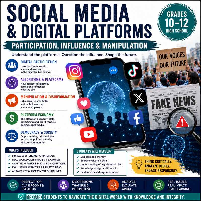 Modernes Unterrichtsmaterial zu sozialen Medien, Algorithmen, Medienkompetenz, Demokratie und digitaler Kommunikation.