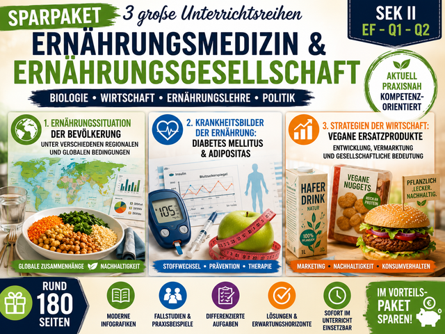 Unterrichtsmaterial Sparpaket Ernährungsmedizin Ernährungsgesellschaft Biologie Ernährungslehre Wirtschaft Sek II Diabetes Adipositas Ernährungssituation Vegane Ersatzprodukte Nachhaltigkeit Unterrichtsmaterial Oberstufe