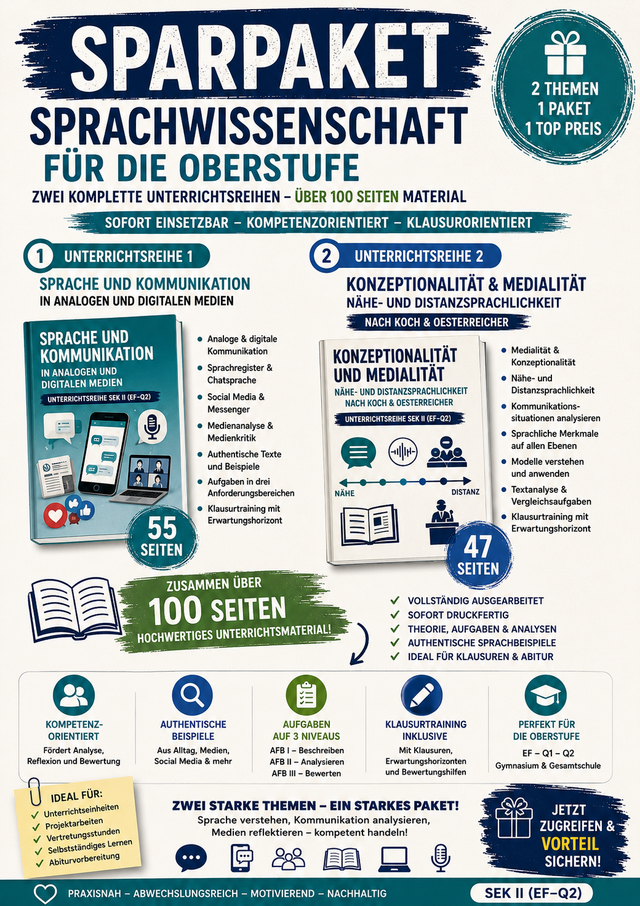 Professionelles A4-Cover für ein Sprachwissenschaft-Sparpaket der Sekundarstufe II mit Symbolen für Kommunikation, Chat, Medienanalyse, Sprachwissenschaft, Textanalyse und digitale Medien.