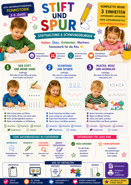 Stift und Spur – Stifthaltung & Schwungübungen · Kita-Unterrichtsmaterial | Feinmotorik (3–6 Jahre)