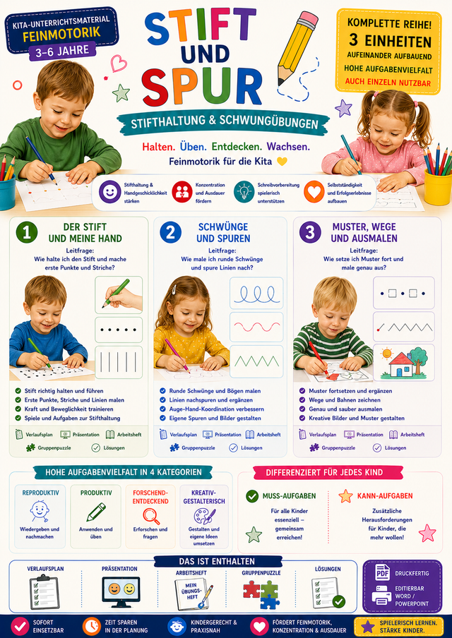 Stift und Spur – Stifthaltung & Schwungübungen · Kita-Unterrichtsmaterial | Feinmotorik (3–6 Jahre)