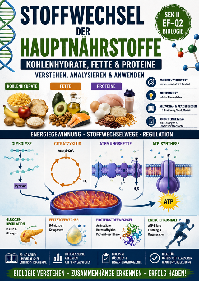Biologie-Unterrichtsmaterial zum Stoffwechsel der Hauptnährstoffe mit Glykolyse, Citratzyklus, Fettstoffwechsel und Proteinstoffwechsel.