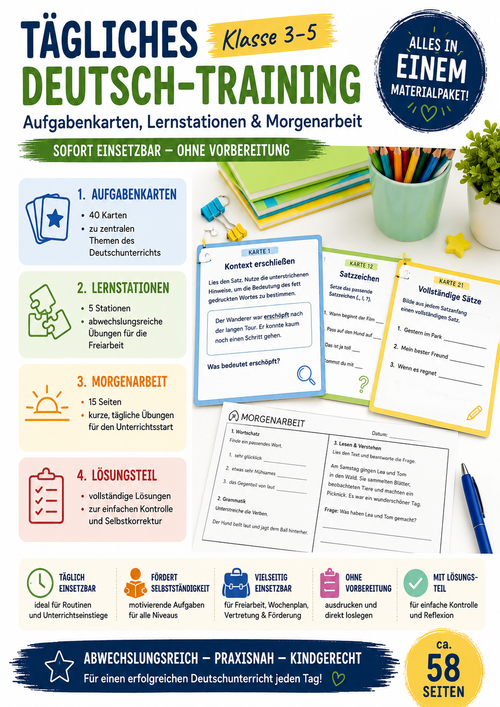 Modernes Unterrichtsmaterial für den Deutschunterricht der Klassen 3 bis 5 mit Aufgabenkarten, Lernstationen, Morgenarbeit sowie Übungen zu Wortschatz, Grammatik und Leseverständnis.