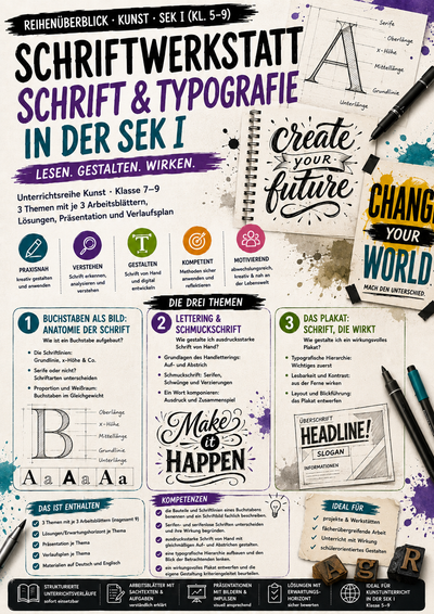 Schriftwerkstatt: Schrift & Typografie – Buchstaben, Lettering & Plakat | Kunst Sek I (Kl. 7–9)