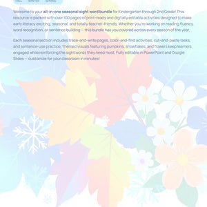 Editable Seasonal Sight Word Worksheets | Fall Winter Spring K-2