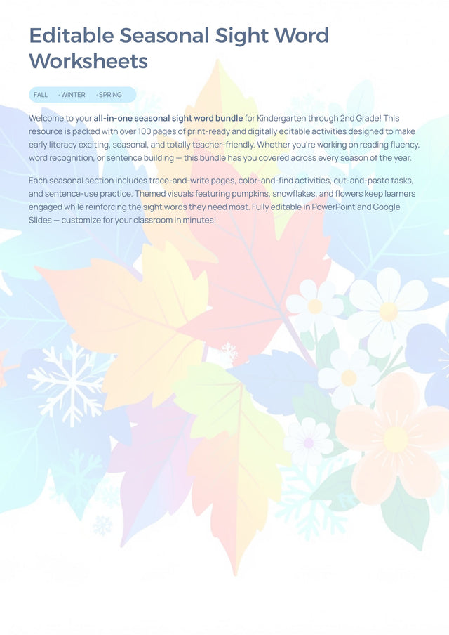 Editable Seasonal Sight Word Worksheets | Fall Winter Spring K-2