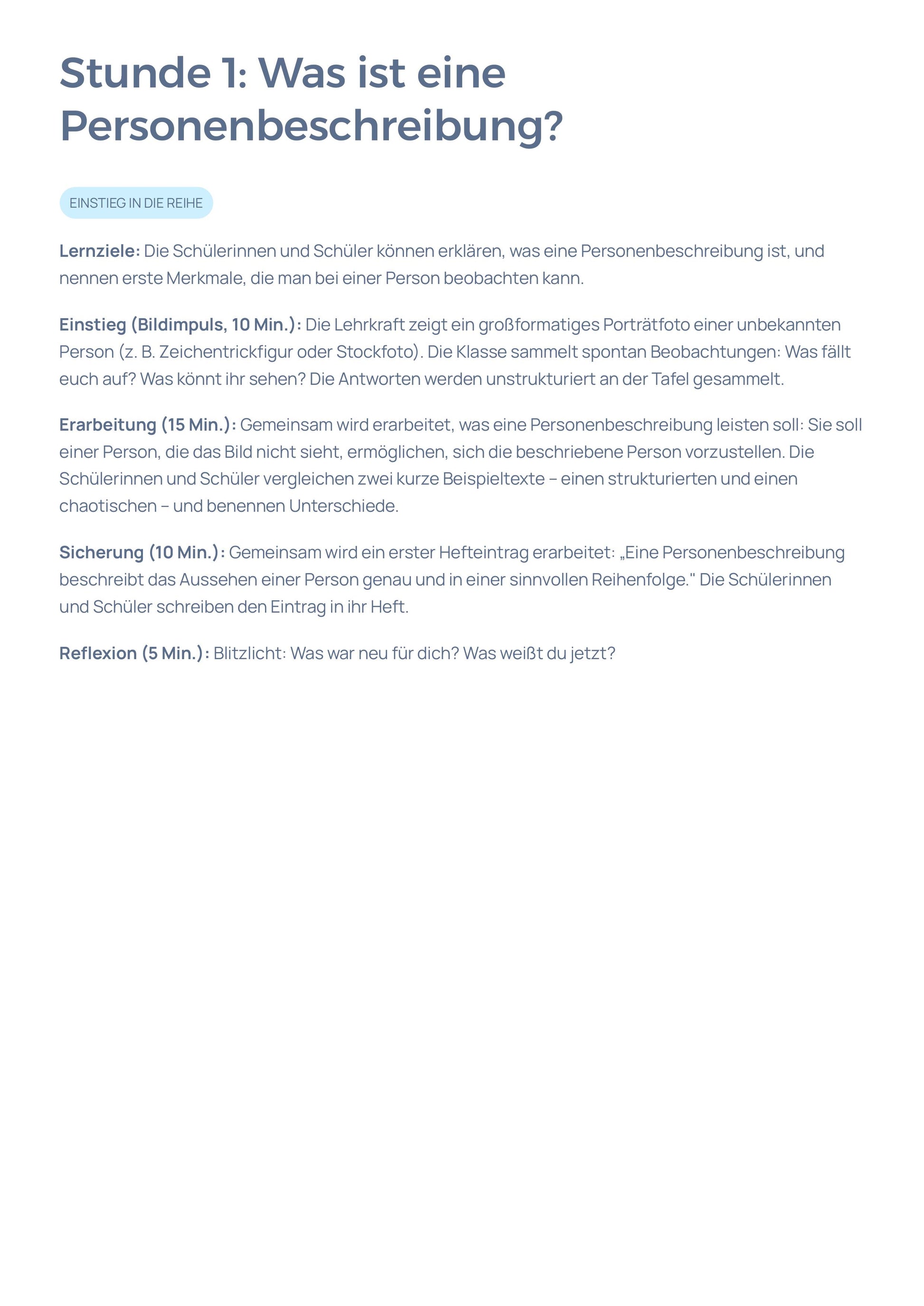 Personenbeschreibung Grundlagen | Unterrichtskonzeption Deutsch Sek I | Komplett ausgearbeitete Unterrichtsreihe