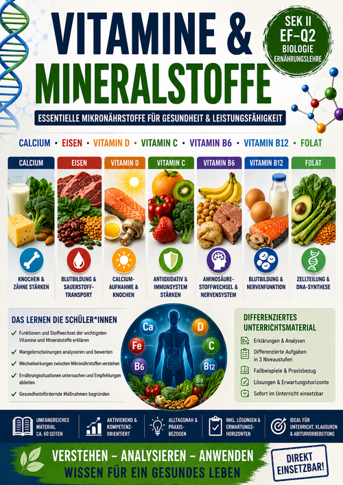 Unterrichtsmaterial zu Vitaminen und Mineralstoffen mit Calcium, Eisen, Vitamin D, Vitamin C, Vitamin B6, Vitamin B12 und Folat.