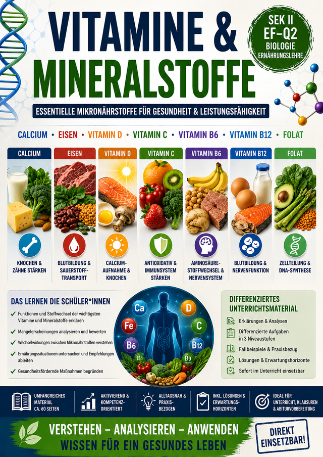 Unterrichtsmaterial zu Vitaminen und Mineralstoffen mit Calcium, Eisen, Vitamin D, Vitamin C, Vitamin B6, Vitamin B12 und Folat.