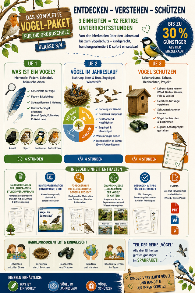Unterrichtsmaterial Sachunterricht Grundschule als Vogelpaket mit Vogelmerkmalen Jahreslauf Vogelschutz Forscherheften Gruppenpuzzles und Präsentationen für Klasse 3 und 4