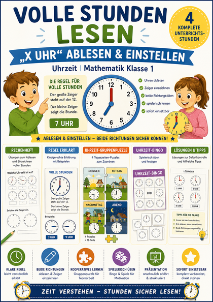 Volle Stunden lesen – „X Uhr“ ablesen & einstellen | Uhrzeit | Mathematik Klasse 1