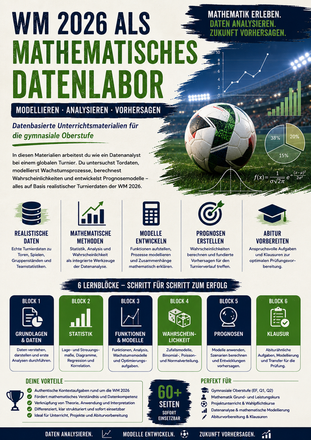 Vorschaubild zum Unterrichtsmaterial „WM 2026 als mathematisches Datenlabor“ für die gymnasiale Oberstufe mit Statistik, Wahrscheinlichkeitsrechnung, Analysis, Funktionen, mathematischer Modellierung und Datenanalyse anhand realitätsnaher Turnierdaten der Fußball-WM 2026.