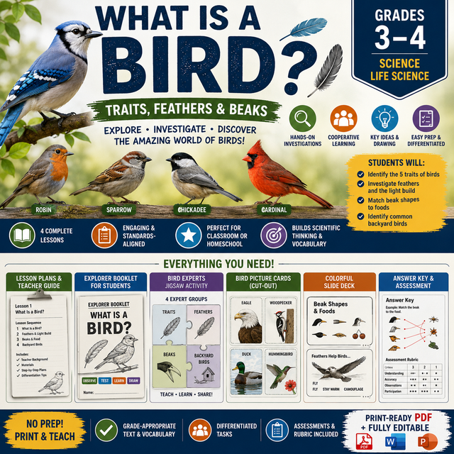 What Is a Bird? Traits, Feathers & Beaks | Science Unit (Grades 3-4)