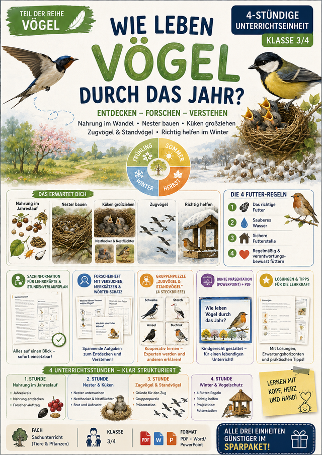 Unterrichtsmaterial Sachunterricht Grundschule zum Leben der Vögel im Jahresverlauf mit Zugvögeln Standvögeln Nestbau Winterfütterung und Forscheraufgaben für Klasse 3 und 4