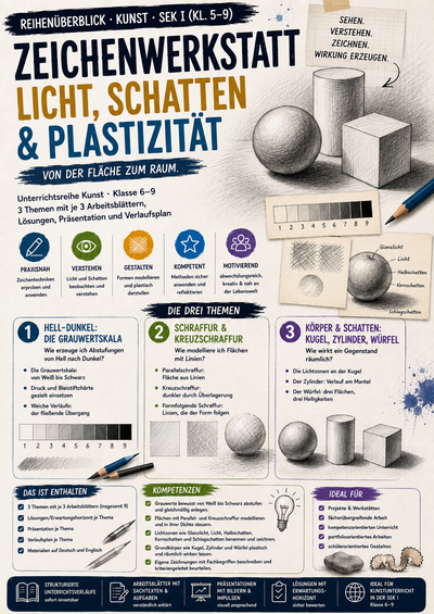 Zeichenwerkstatt: Licht, Schatten & Plastizität – Grauwertskala, Schraffur & Körper | Kunst Sek I (Kl. 6–9)
