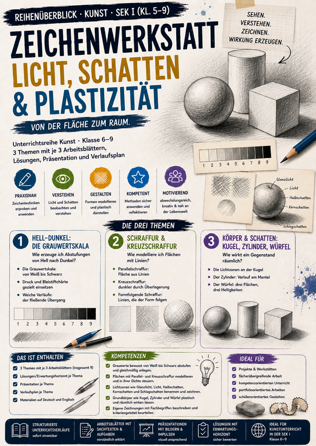 Zeichenwerkstatt: Licht, Schatten & Plastizität – Grauwertskala, Schraffur & Körper | Kunst Sek I (Kl. 6–9)
