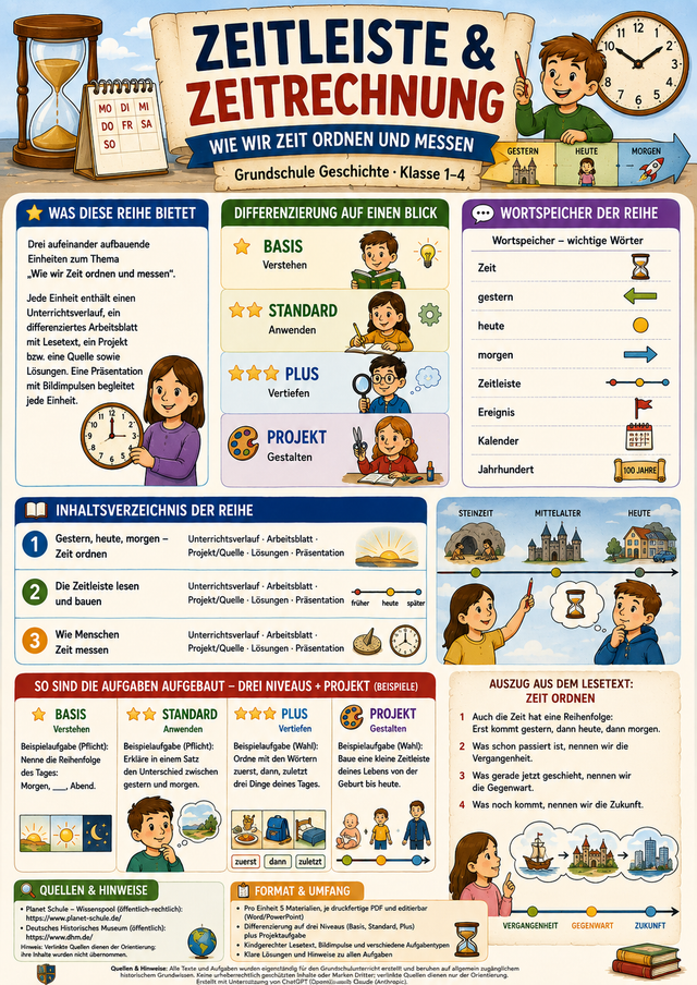 Zeitleiste & Zeitrechnung – Unterrichtsmaterial Grundschule (Klasse 1–4)