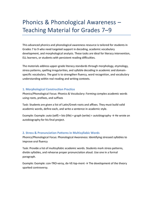 Englisch Klasse 7–9 – Phonics & Lautbewusstsein: Übungsmaterial