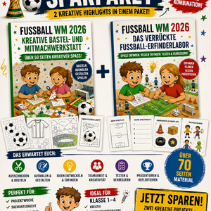 Gratis Fußball-Sparpaket mit 50+ Materialseiten: Bastelbögen, Ausmalbilder, Kreativaufgaben, Spielideen und Mini-Projekt für Klasse 1–4.